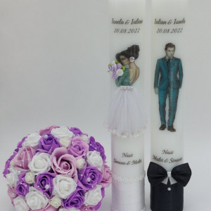 Set 2 Lumanari Nunta Groase + Buchet Mireasa Flori Artificiale