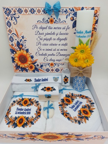 Trusou Botez Băiat Personalizat cu Floarea-Soarelui și Motive Tradiționale
