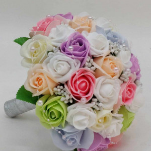 Buchet Nunta Cu Cream, Alb, Lila, Bleu, Verde, Somon - Img 3