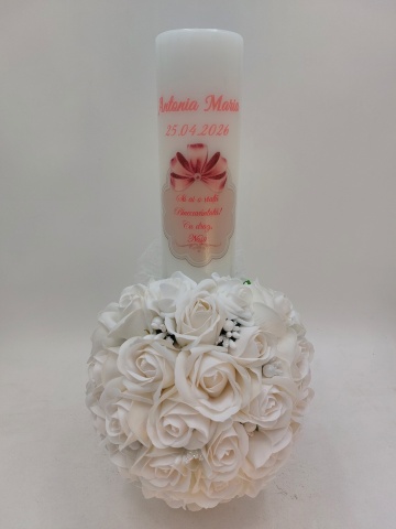Lumanare Botez Cu Aranjament Floral Alb
