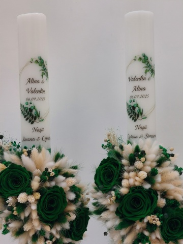 Lumanari Nunta Mari Verde Smarald Cu Flori Naturale Criogenate - Img 2