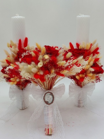 Lumanari Nunta Rosii + Buchet Mireasa Flori Naturale Criogenate+Brosa Personalizata - Img 3