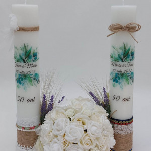 Set Buchet Mireasa Si 2 Lumanari Nunta De Aur Cu Tematica Traditionala