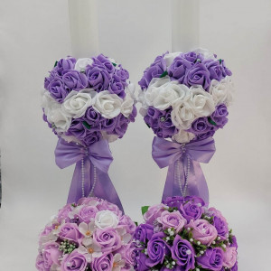Set Nunta Mov 2 Lumanari Personalizate Si 2 Buchete Cu Flori Artificiale