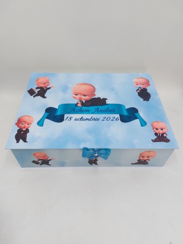 Trusou Botez Personalizat Boss Baby cu Trandafiri Criogenaţi Bleu și Lumânare Decorată - Img 6
