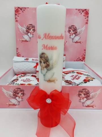 Trusou Botez Rosu Cu Ingeras Si Lumanare Personalizata - Img 2