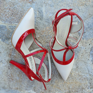 Stiletto decupat din piele naturala rosu cu bej Stella