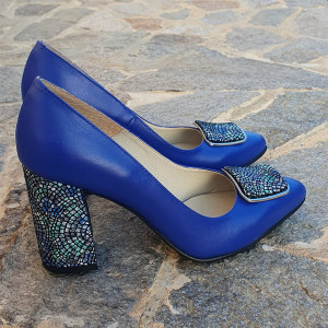 Pantofi dama cu toc comod din piele naturala albastra