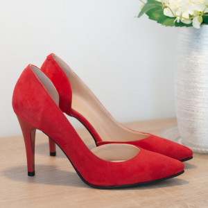 Pantofi stiletto din piele intoarsa rosie Romy
