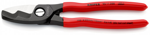 Cleste de tăiat cabluri cu tăiș dublu Ø 20 mm / 70 mm², manere acoperite cu plastic, lungime 200 mm, Knipex 95 11 200