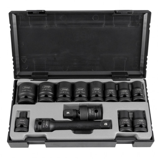 JBM 52341 Trusa tubulare de impact de 1/2" hex. + accesorii, 13 piese
