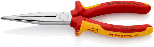 Clește plat-rotund cu tăiș (patent cu cioc angular) izolate, mansoane multicomponent, testate VDE, lungime 200 mm, Knipex 26 16 200