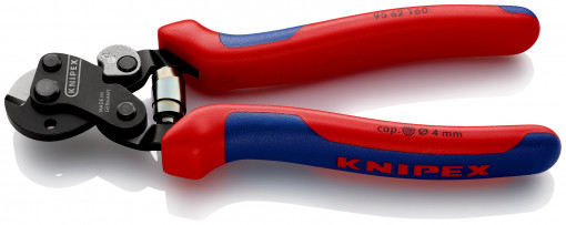 Cleste de tăiat cabluri de sârmă Ø 6,0 mm, cabluri metalice Ø 4.0, manşoane multicomponent, lungime 160 mm, Knipex 95 62 160