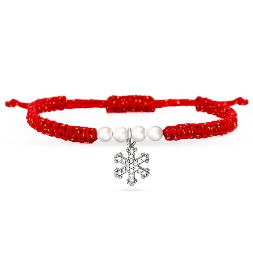 Bratara cu snur si pandantiv din argint fulg de Nea - Winter Edition cu perle Preciosa
