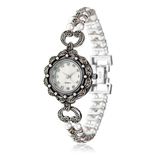 Ceas din Argint 925 cu marcasite si perle 39.33g 20cm