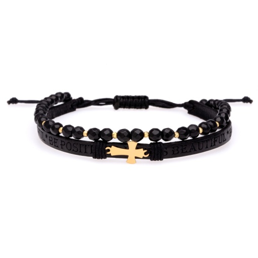 Brățara 2 in 1 cu piele embosata text, cruciulita Aur si Onix + bilute