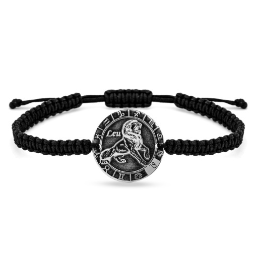 Bratara 3D Zodiac cu snur si banut 18mm din argint 925 - gravat zodie la alegere