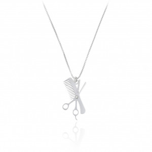 Colier BOX din argint cu foarfeca si pieptene + cristal - pentru hairstylist, frizer, coafeza - Img 1