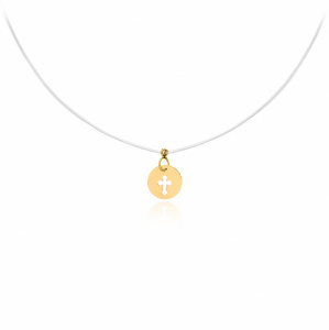Colier cu fir transparent si banut cu cruce decupata din AUR 14K - Img 1