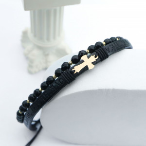 Brățara 2 in 1 cu piele embosata text, cruciulita Aur si Onix + bilute - Img 2