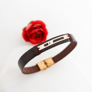 Brățara cu plăcută din aur 14K si piele naturală Nubuk Antique + inchidere inox - Img 5
