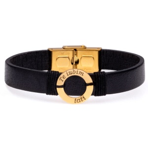 Bratara piele si disc din aur 14k - Img 1