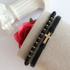 Set Bratara 2 in 1 cu piele si cruciulita din aur + onix si 10 bile din aur 14K - Img 2
