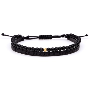 Brățara Be Positive cu Onix si piele embosata text + bila 4mm din AUR 14K - Img 1