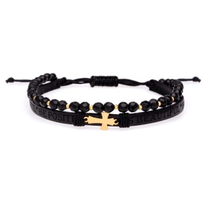 Brățara 2 in 1 cu piele embosata text, cruciulita Aur si Onix + bilute - Img 1