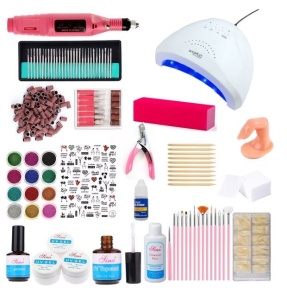 Kit unghii false, lampa LED SUN ONE 48w, freza pila electrica unghii 20.000 rpm, si 440 accesorii nail art pentru manichiura si pedichiura