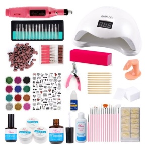 Kit unghii false, lampa LED SUN 5 48w, freza pila electrica unghii 15.000 rpm, si 440 accesorii nail art pentru manichiura si pedichiura - Img 1