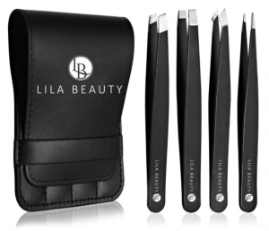 Set 4 pensete pentru gene si sprancene cu husa din piele ecologica, Lila Beauty