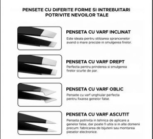 Set 4 pensete pentru gene si sprancene cu husa din piele ecologica, Lila Beauty