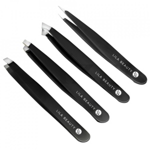 Set 4 pensete pentru gene si sprancene cu husa din piele ecologica, Lila Beauty