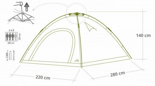Cort 3-4 persoane Budva Cattara cu bete preatasate, sistem rapid de asamblare 280x220x140cm 3000mm - TT13361 - Img 3