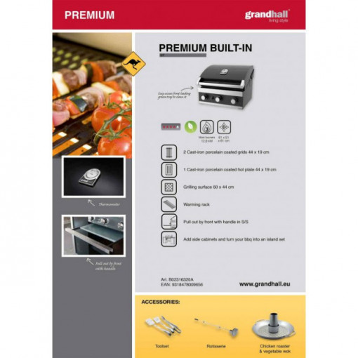 Gratar pe gaz cu 3 arzatoare din inox, incastrabil, gratare din fonta, Grand Hall Premium GT3 -  K03000196A pliant