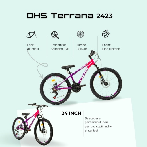 Bicicleta Copii Dhs Terrana 2423 - 24 Inch, Violet/Roz - Img 4