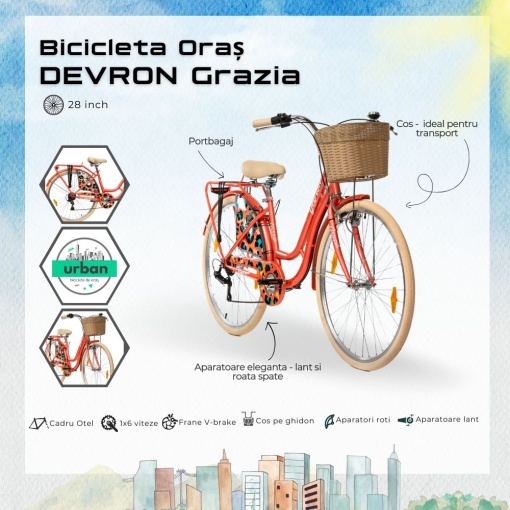 Bicicleta Oras Devron Grazia 6S - 28 Inch, L, Portocaliu - Img 4