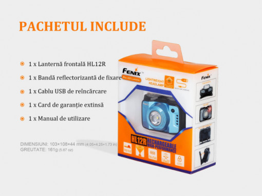 Lanterna frontala Fenix HL12R Reincarcabila 400 lumeni 64 metri pachet