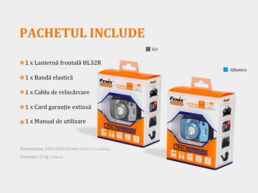 Lanterna frontala Fenix HL32R  600 lumeni 73 metri pachet