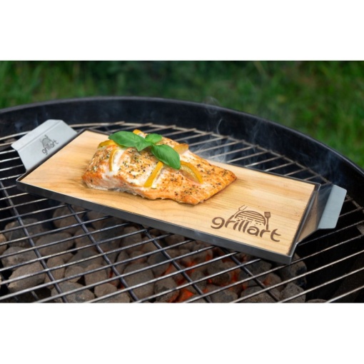 Set 2 placi din lemn de cedru XL 30x14,5x1 cm cu cadru din otel inoxidabil pentru gatit la gratar Grillart - GA-1003-8 - Img 4