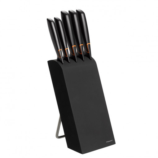 Set 5 cutite + suport Fiskars Edge, otel inoxidabil, negru