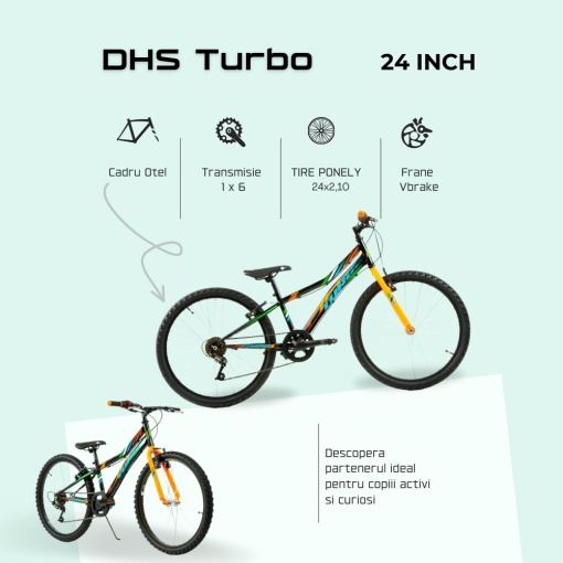 Bicicleta Copii DHS Turbo - 24 Inch, Negru-Portocaliu - Img 4
