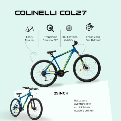 Bicicleta MTB Colinelli COL27, Marimea M, 29 inch, Albastru, Schimbator Shimano Altus, 24 Viteze, Cadru Aluminiu, Frane pe Disc - Img 4