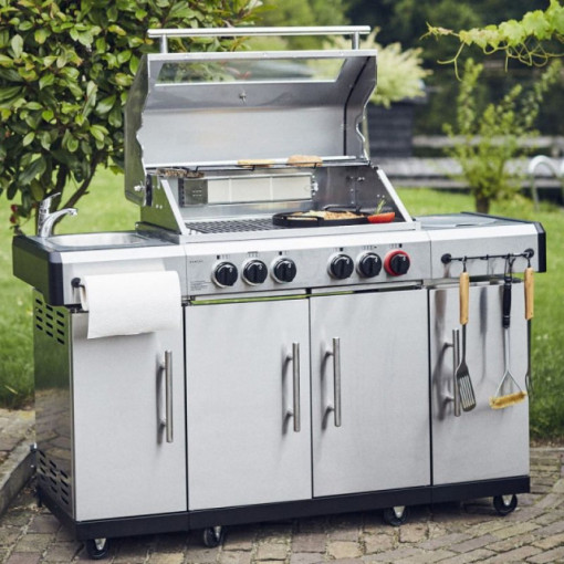 Bucatarie pe gaz, 4 arzatoare inox, arzator infrarosu, grile fonta, Enders Kansas Pro 4 SIK Profi Turbo - 8708 capace deschise