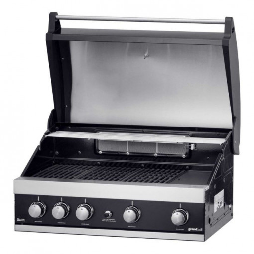 Gratar Grand Hall Maxim GTI4B-V pe gaz cu 5 arzatoare (4 inox + 1 infrarosu), incastrabil, gratare din fonta -  K04000199A capac deschis