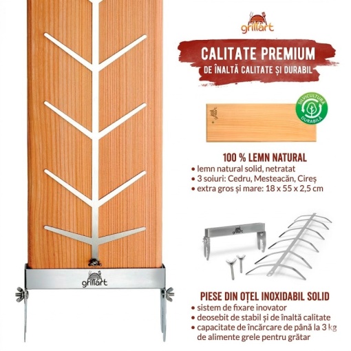 Placa premium pentru somon afumat din lemn de cedru, 18x55x2,5 cm, cu suport din otel inoxidabil Grillart - GA-1024-1 - Img 2