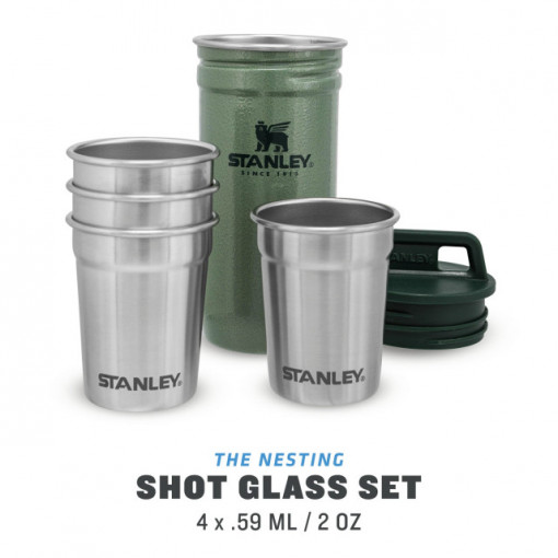 Set Stanley Butelca + 4 pahare Adventure The Nesting Shot Glass Set Hammertone Green - 10-01705-039