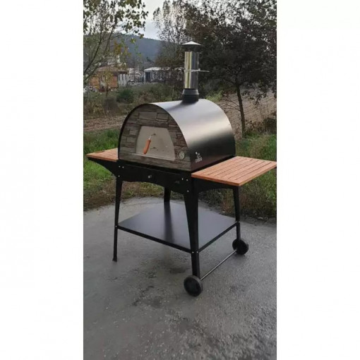 Stand metalic mobil pentru cuptor traditional pentru pizza pe lemne Maximus cu mese laterale din lemn - MAXIMUSTANDBLACKW 3