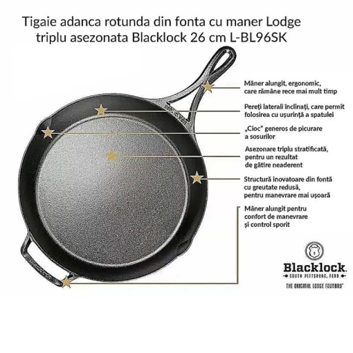 Tigaie adanca rotunda din fonta cu maner triplu asezonata Lodge Blacklock 26 cm - L-BL96SK - Img 5